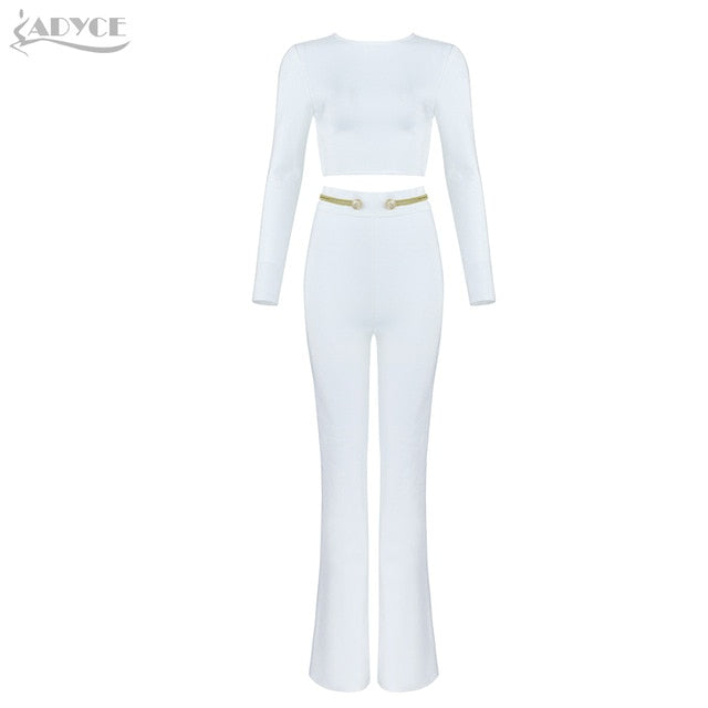 Adyce 2019 New Winter Women Club Bandage Sets Vestidos White Tops&Pant 2 Two Pieces Set Night Out Celebrity Evening Party Sets