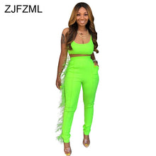 Load image into Gallery viewer, Neon Green Feather Spliced Two Piece Set Women Spaghetti Strap Backless Crop Top And  Bodycon Pants Sweatsuits 2Pcs Club Outfits