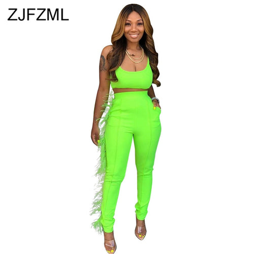 Neon Green Feather Spliced Two Piece Set Women Spaghetti Strap Backless Crop Top And  Bodycon Pants Sweatsuits 2Pcs Club Outfits