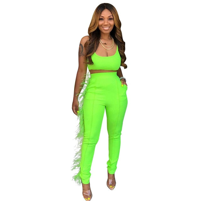 Neon Green Feather Spliced Two Piece Set Women Spaghetti Strap Backless Crop Top And  Bodycon Pants Sweatsuits 2Pcs Club Outfits