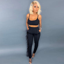 Load image into Gallery viewer, Neon Green Feather Spliced Two Piece Set Women Spaghetti Strap Backless Crop Top And  Bodycon Pants Sweatsuits 2Pcs Club Outfits