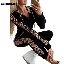 Load image into Gallery viewer, XUANSHOW Autumn Winter Fashion Tracksuit Women Splice Fleece Leopard Print Coat with Hood Two Pieces Set Hoodies Long Pants Suit