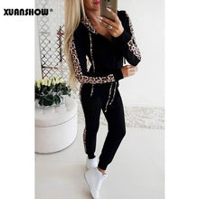 Load image into Gallery viewer, XUANSHOW Autumn Winter Fashion Tracksuit Women Splice Fleece Leopard Print Coat with Hood Two Pieces Set Hoodies Long Pants Suit