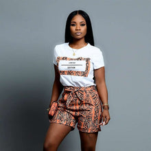 Load image into Gallery viewer, Two Piece Set Fashion Snake Skin Woman Set Letter Print Casual High Waist Bow Tie Shorts with a T-Shirt 2 Piece Set Women Suit