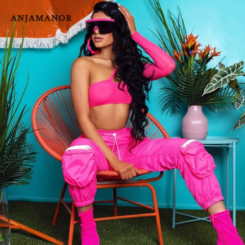 ANJAMANOR Two Piece Set Mesh One Shoulder Long Sleeve Crop Top Cargo Pants Streetwear Outfits Tracksuit Matching Sets D58-AE86
