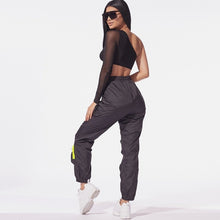 Load image into Gallery viewer, ANJAMANOR Two Piece Set Mesh One Shoulder Long Sleeve Crop Top Cargo Pants Streetwear Outfits Tracksuit Matching Sets D58-AE86