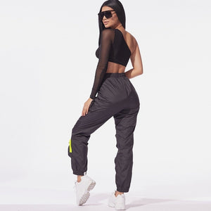 ANJAMANOR Two Piece Set Mesh One Shoulder Long Sleeve Crop Top Cargo Pants Streetwear Outfits Tracksuit Matching Sets D58-AE86