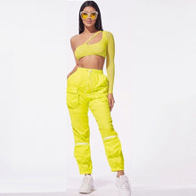Load image into Gallery viewer, ANJAMANOR Two Piece Set Mesh One Shoulder Long Sleeve Crop Top Cargo Pants Streetwear Outfits Tracksuit Matching Sets D58-AE86