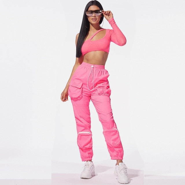 ANJAMANOR Two Piece Set Mesh One Shoulder Long Sleeve Crop Top Cargo Pants Streetwear Outfits Tracksuit Matching Sets D58-AE86