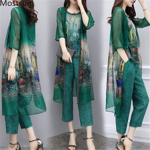 Chiffon Printed 3 Piece Sets Outfits Women Plus Size Cardigan+vest+pants Suits Spring Summer Elegant Korean Ladies Sets Green