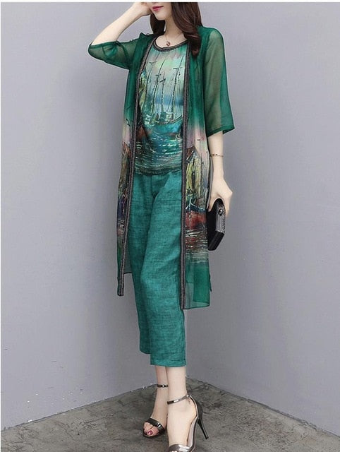 Chiffon Printed 3 Piece Sets Outfits Women Plus Size Cardigan+vest+pants Suits Spring Summer Elegant Korean Ladies Sets Green