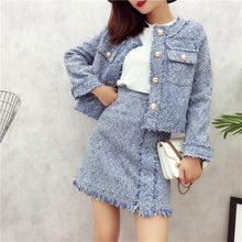 Load image into Gallery viewer, Tweed Set Suit 2019 Autumn Winter Runway Women's Single Breasted Short Jacket Coat + High Waist Tassels Bodycon Mini Skirt Set