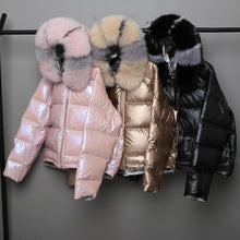 Load image into Gallery viewer, Fashion Wear On Both Sides Down Coats Women Casual Fur Collar Hooded Zipper Outwears Winter Women&#39;s Glossy Hardy Warm Jackets