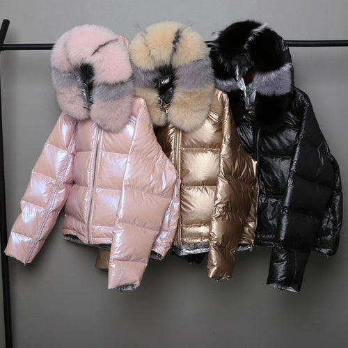 Fashion Wear On Both Sides Down Coats Women Casual Fur Collar Hooded Zipper Outwears Winter Women's Glossy Hardy Warm Jackets