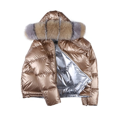 Fashion Wear On Both Sides Down Coats Women Casual Fur Collar Hooded Zipper Outwears Winter Women's Glossy Hardy Warm Jackets