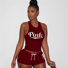 Load image into Gallery viewer, RAISEVERN PINK Letters Print Tank Top Shorts Suit Two Piece Set Sexy Sleeveless Women Outfits Summer Sporting 2 Piece Set