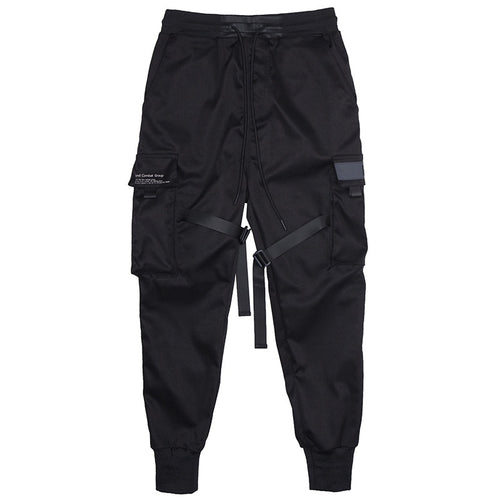 Hip Hop Black Pencil Jogger Pants Men Elastic Waist Tactics Cargo Pants Male Ribbon Pocket DG11