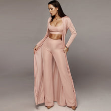 Load image into Gallery viewer, Women Knitted 3 Piece Set Spaghetti Strap Crop Top High Waist Pant Long Sleeve Cardigan Overcoat Suits Belt Autumn Streetwear