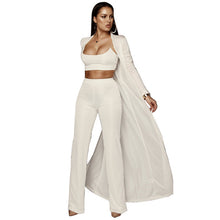 Load image into Gallery viewer, Women Knitted 3 Piece Set Spaghetti Strap Crop Top High Waist Pant Long Sleeve Cardigan Overcoat Suits Belt Autumn Streetwear