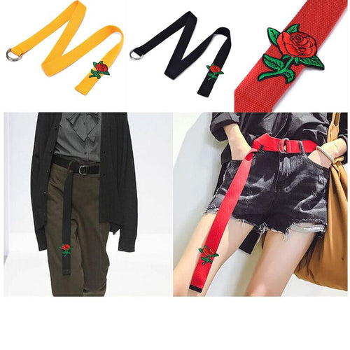 Women Fashion Rose Pattern Pants Belt Long Double-ring Buckle Belts