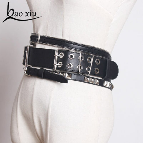 New Vintage Punk Wide belt personality leather black belt women Silver Zipper Metal Buckle Ladies Belts Jeans Pants Straps Belt