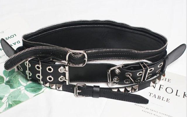 New Vintage Punk Wide belt personality leather black belt women Silver Zipper Metal Buckle Ladies Belts Jeans Pants Straps Belt