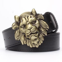 Load image into Gallery viewer, Men&#39;s belt gold Lion head male strap fashion Pu leather belt metal buckle casual pants belt big golden lion king head