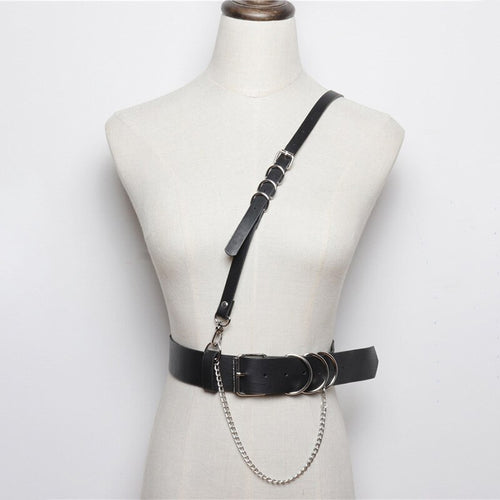 New sexy women Leather harness wide belts for women strap Punk Hip-hop Silver Metal buckle Waist Chain belt Pants Chain Femme