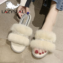 Load image into Gallery viewer, LazySeal Bling Shoes Women Real Fur Slippers Indoor Flat Warm  Furry Slippers Woman Crystal Sandals Women Slides Flip Flops