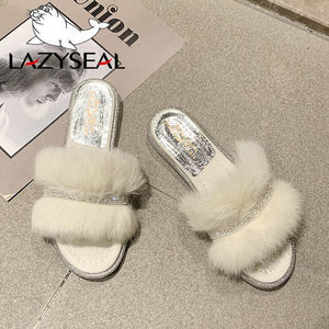 LazySeal Bling Shoes Women Real Fur Slippers Indoor Flat Warm  Furry Slippers Woman Crystal Sandals Women Slides Flip Flops