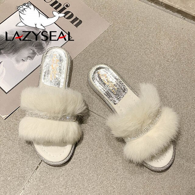 LazySeal Bling Shoes Women Real Fur Slippers Indoor Flat Warm  Furry Slippers Woman Crystal Sandals Women Slides Flip Flops