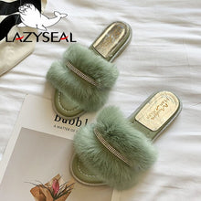 Load image into Gallery viewer, LazySeal Bling Shoes Women Real Fur Slippers Indoor Flat Warm  Furry Slippers Woman Crystal Sandals Women Slides Flip Flops