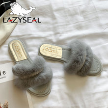 Load image into Gallery viewer, LazySeal Bling Shoes Women Real Fur Slippers Indoor Flat Warm  Furry Slippers Woman Crystal Sandals Women Slides Flip Flops