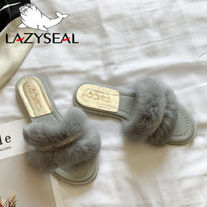 LazySeal Bling Shoes Women Real Fur Slippers Indoor Flat Warm  Furry Slippers Woman Crystal Sandals Women Slides Flip Flops