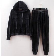 Load image into Gallery viewer, Velvet Tracksuit Two Piece Set Women Sexy Hooded Grey Long Sleeve Top And Pants Bodysuit Suit Runway Fashion 2018 Black D79101