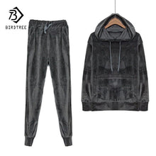 Load image into Gallery viewer, Velvet Tracksuit Two Piece Set Women Sexy Hooded Grey Long Sleeve Top And Pants Bodysuit Suit Runway Fashion 2018 Black D79101
