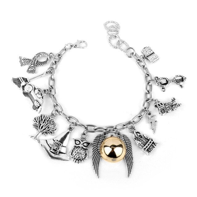 Movie Series Charm Bracelet HP Owl Cool Glasses Brush Car Life of Tree Castle Bus train Bangle Bracelet Women Inspired Wristband