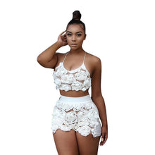 Load image into Gallery viewer, Sexy 2 Piece Set Women White Floral Mesh Lace Pant Suit Crop Top and Shorts Set 2019 Summer Outfits Clothing Set D41-AZ-69