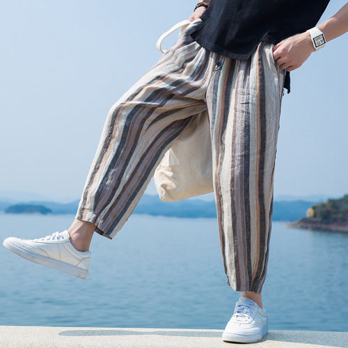 Summer Loose Men Pants Wide Legs Stripe Print Calf Length Button Decor Baggy Harem Trousers Male HipHop Joggers Big Size 5XL