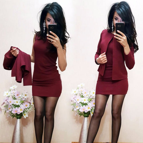 New Arrival Fashion Autumn Suits Sexy Sheath O-Neck Above Knee Mini Dress Full Sleeve Casual Coat Two Pieces Women Sets