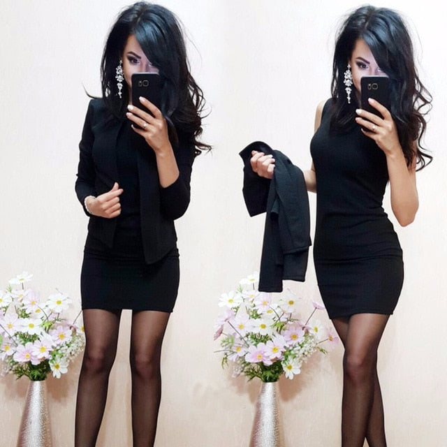 New Arrival Fashion Autumn Suits Sexy Sheath O-Neck Above Knee Mini Dress Full Sleeve Casual Coat Two Pieces Women Sets
