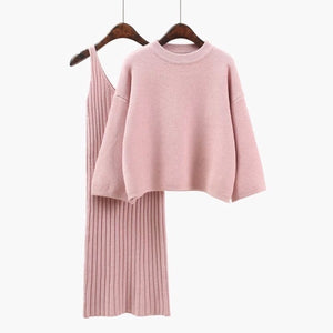 Autumn Womans Sweater + Straped Dress Sets Solid Color Female Casual Two-Pieces Suits Loose Sweater Knit Mini Dress Winter
