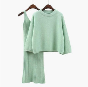 Autumn Womans Sweater + Straped Dress Sets Solid Color Female Casual Two-Pieces Suits Loose Sweater Knit Mini Dress Winter