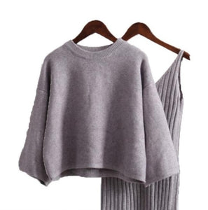 Autumn Womans Sweater + Straped Dress Sets Solid Color Female Casual Two-Pieces Suits Loose Sweater Knit Mini Dress Winter