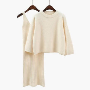 Autumn Womans Sweater + Straped Dress Sets Solid Color Female Casual Two-Pieces Suits Loose Sweater Knit Mini Dress Winter