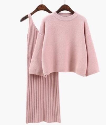 Autumn Womans Sweater + Straped Dress Sets Solid Color Female Casual Two-Pieces Suits Loose Sweater Knit Mini Dress Winter
