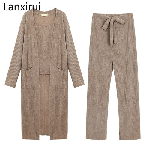 Casual Tracksuit Women 3 Pieces Set Knitted Pullover Sweaters Tops Deep V-neck Long Sleeve Sweatshirt Pants Women's Sets