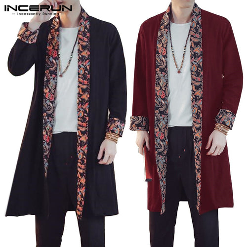 Japan Style Autumn Coat Men's Coat Cardigan Long Sleeve Open Stitch Floral Loose Patchwork Outwear Hombre Shirt Camisas Fashion