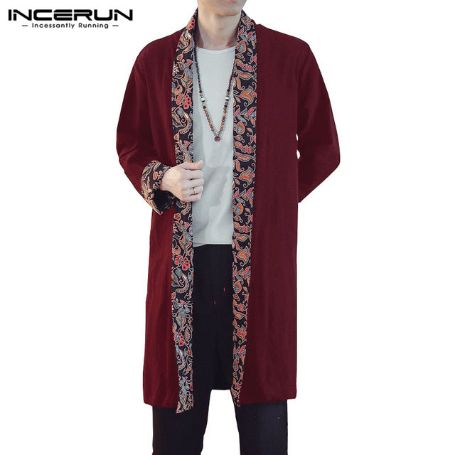 Japan Style Autumn Coat Men's Coat Cardigan Long Sleeve Open Stitch Floral Loose Patchwork Outwear Hombre Shirt Camisas Fashion