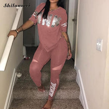 Load image into Gallery viewer, Pink Letter Print Tracksuits Women Two Piece Set 2018 Spring Plus Size T-Shirt Top And Pants Set Suits Casual Bodcon 2 Piece Set